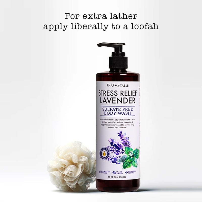 PHARM TO TABLE Stress Relief Lavender Body Wash for Women and Men Softens and Soothes the Skin, Sulfate Free, 100% Cruelty Free, 480ml - Image 2