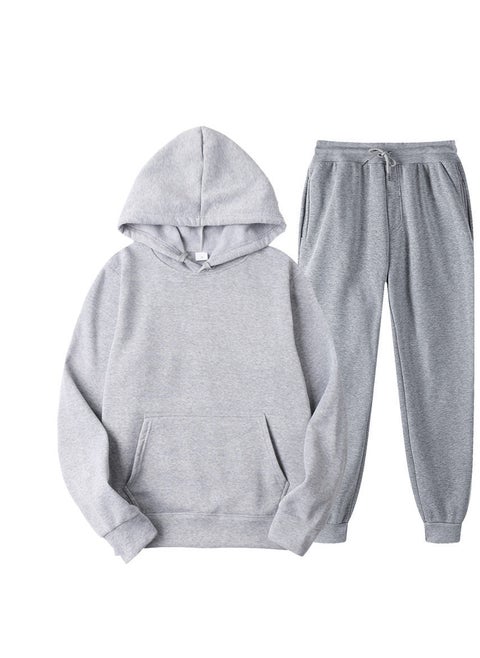 Light Panel Spring New Solid Color Hooded Sweater Casual Sweater Pants Fleece Pullover Set Light gray