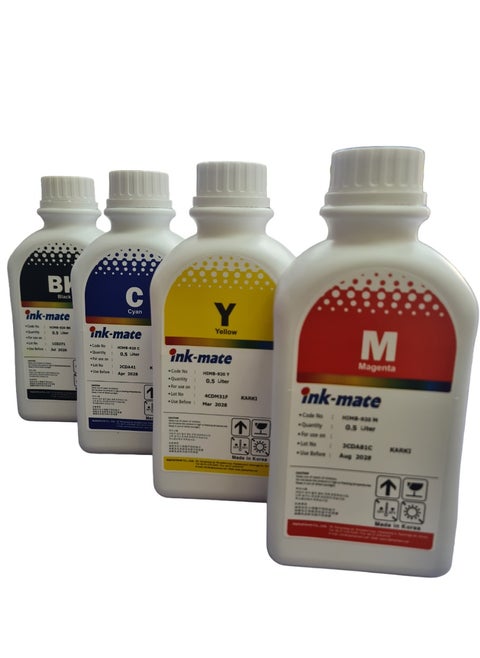 Ink Mate 500ml Multi-Color Ink Refill Kit (Black, Cyan, Yellow, Color) for HP, Canon, Epson, and Brother printers. Made in Korea.