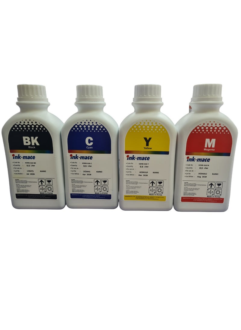 Ink Mate 500ml Multi-Color Ink Refill Kit (Black, Cyan, Yellow, Color) for HP, Canon, Epson, and Brother printers. Made in Korea.