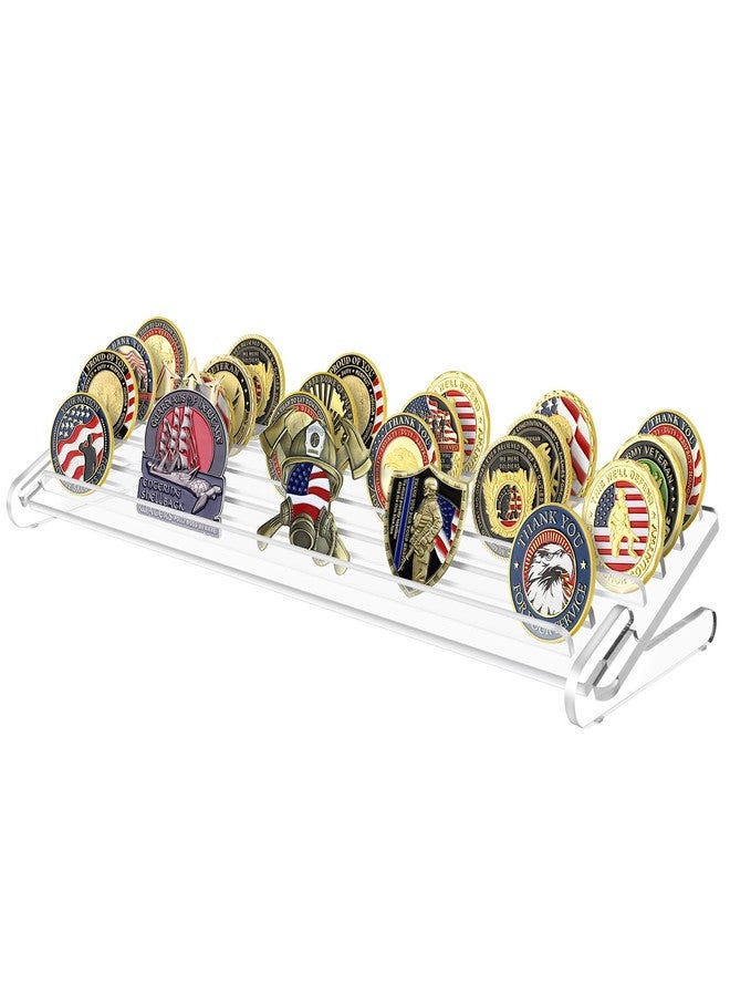 Homakover Challenge Coin Display Stand 5 Row Acrylic Holder Rack Case Holds 28 Coins Shelf, Great for Unusual Shaped Challenge, Oversized Odd Shaped Military, Thicker, Oversized Battalion Shield Coin with Angle - Image 1