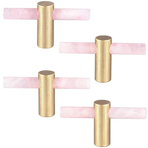 mookaitedecor Set of 4 Rose Quartz Crystal Wand Drawer Knobs and Pulls Stone Cabinet Knobs Brass Handles for Kitchen Dresser Door Decor - Image 1