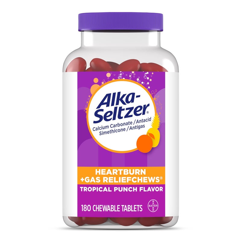 Alka-Seltzer Heartburn+Gas ReliefChews, Fast Antacid + Antigas Relief from Heartburn, Bloating, and Pressure, Fast Acting, Tropical Flavored Heartburn Medicine, 180 Ct (Package May Vary) - Image 1