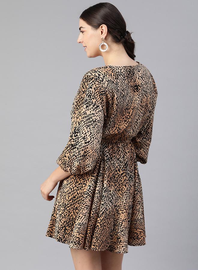 كاجوالي فستان قصير نسائي بطبعة حيوانات بياقة على شكل حرف - Image 3