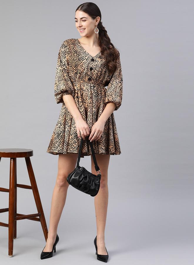 كاجوالي فستان قصير نسائي بطبعة حيوانات بياقة على شكل حرف - Image 1