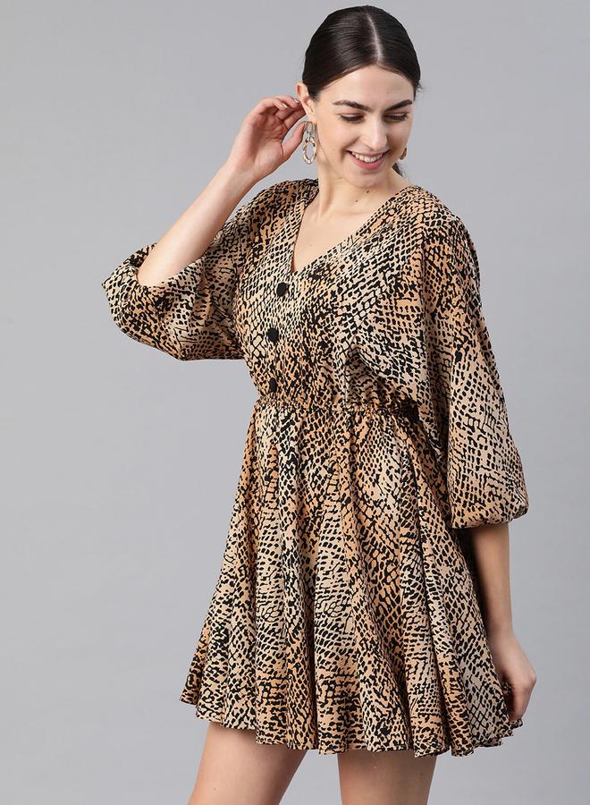 كاجوالي فستان قصير نسائي بطبعة حيوانات بياقة على شكل حرف - Image 2