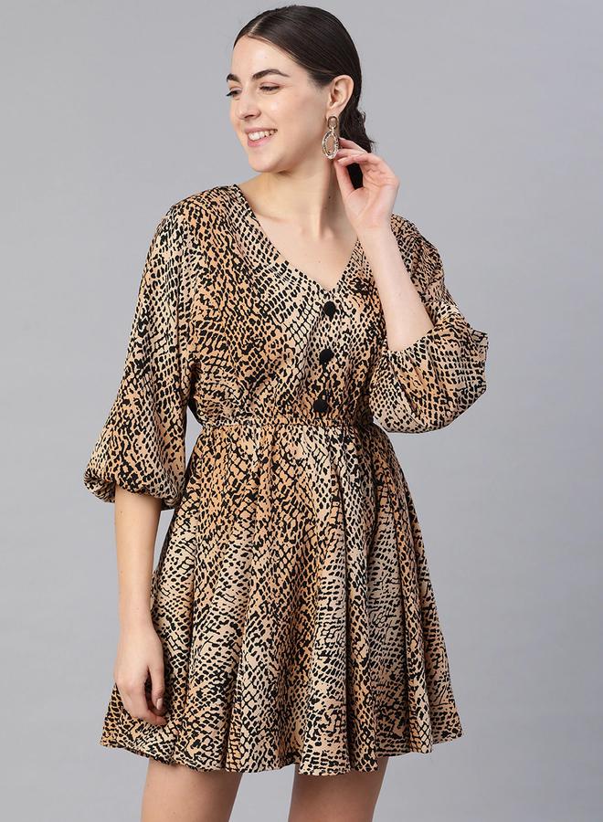 كاجوالي فستان قصير نسائي بطبعة حيوانات بياقة على شكل حرف - Image 4