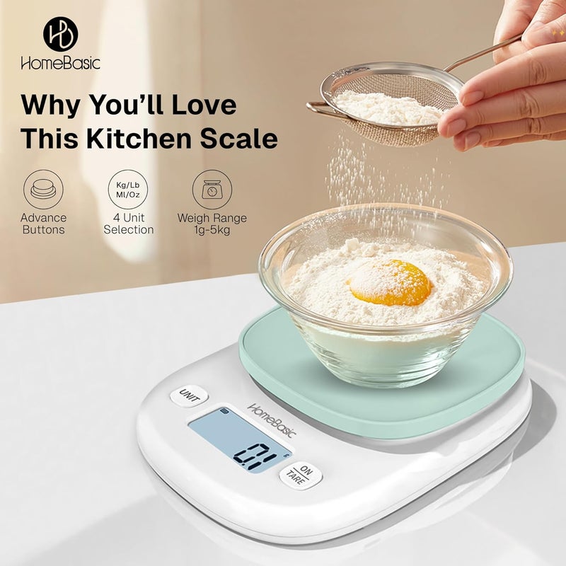 Home Basic Digital Kitchen Weighing Scale 5Kg, High-Precision1g Accuracy | LCD Display, Tare Function, Multi-Units (g, oz, lb, ml) Portable Weight Machine Food Scale for Cooking Baking Diet (Green) - Image 5