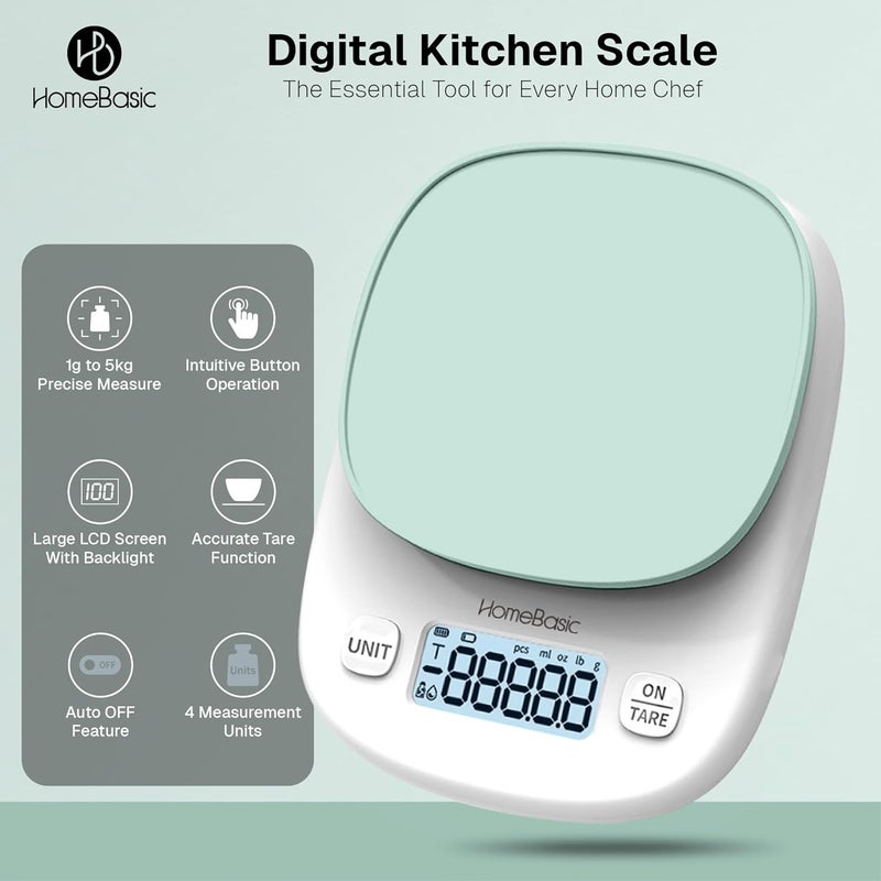 Home Basic Digital Kitchen Weighing Scale 5Kg, High-Precision1g Accuracy | LCD Display, Tare Function, Multi-Units (g, oz, lb, ml) Portable Weight Machine Food Scale for Cooking Baking Diet (Green) - Image 2