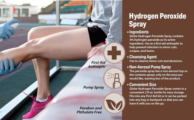 Globe Hydrogen Peroxide 3 First Aid Antiseptic Topical Solution USP Spray Bottle 2 Fl Oz Convenient Pump Spray Bottle - Image 4