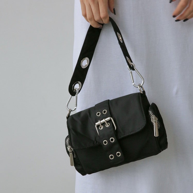 Oxford Cloth Small Square Bag Niche Personality Design Retro Double Buckle Bagel Bag Underarm Flip Cover Single Shoulder Underarm Bag Black
