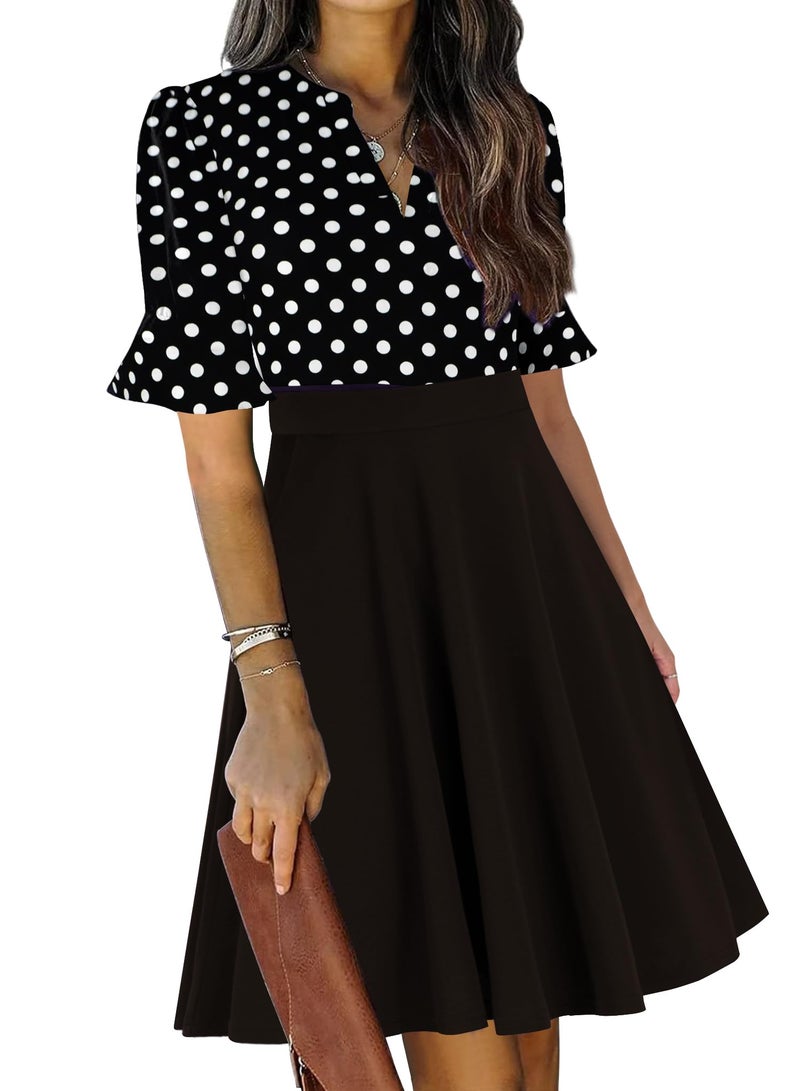 Vinatge Dresses for Women Polka Dot Summer Ruffle Short Sleeve VNeck Fit and Flare Knee Length Flattering Church Cocktail Teacher Aline Business Casual Professional Work Wedding Guest Dress L
