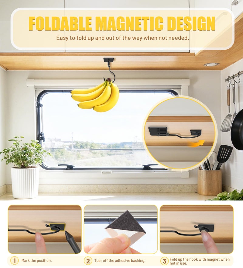 HOMEBROS Banana Hook, 360Â° Rotatable Metal Banana Hanger Under Cabinet, 2 Installation Options Adhesive and Drill, Magnetic Foldable, Black, 1 Pcs - Image 2