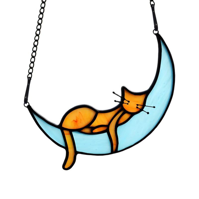 BOXCASA Orange Cat Suncatchers Handcrafted Stained Glass Window Hanging - Moon Phase Memorial Gifts for Cat Lovers,Birthday,Christmas Day, for Women,Mom - Image 1