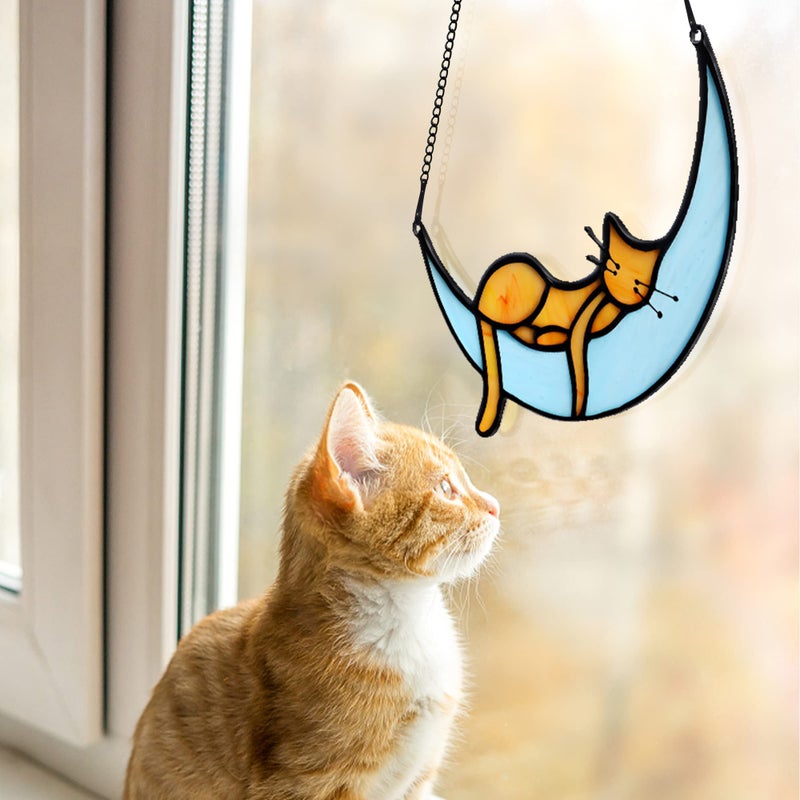 BOXCASA Orange Cat Suncatchers Handcrafted Stained Glass Window Hanging - Moon Phase Memorial Gifts for Cat Lovers,Birthday,Christmas Day, for Women,Mom - Image 5