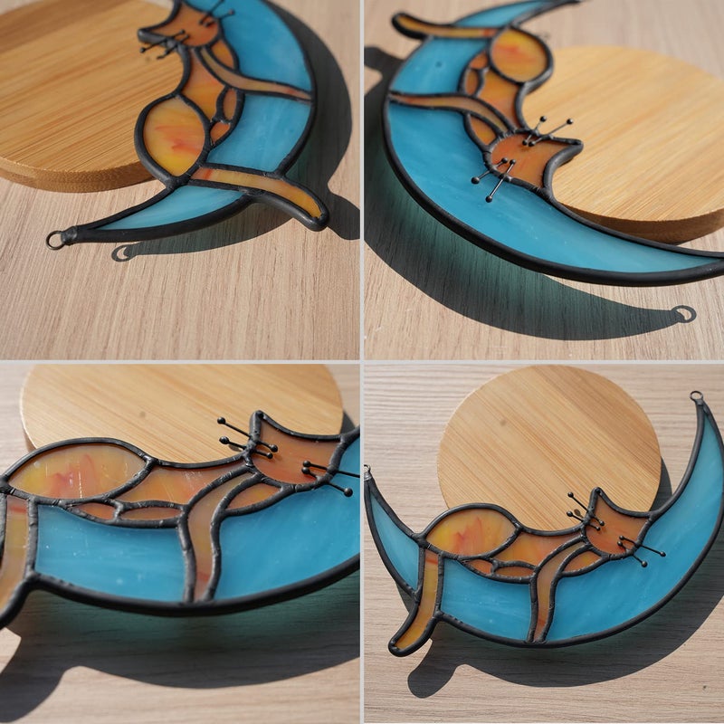 BOXCASA Orange Cat Suncatchers Handcrafted Stained Glass Window Hanging - Moon Phase Memorial Gifts for Cat Lovers,Birthday,Christmas Day, for Women,Mom - Image 3