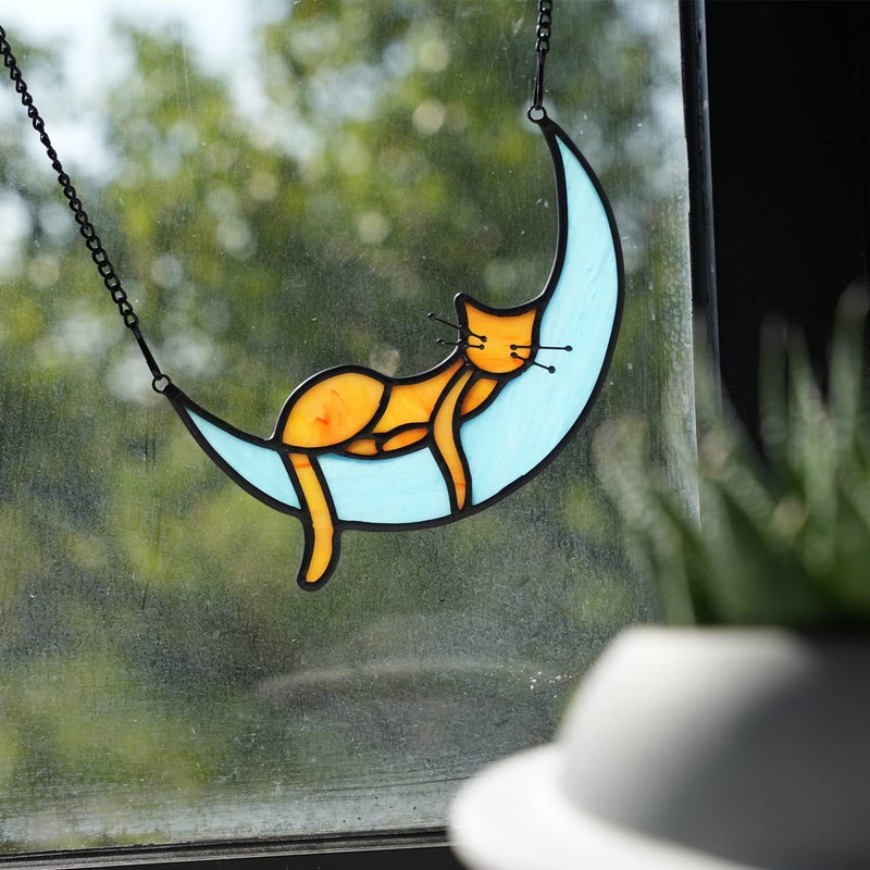 BOXCASA Orange Cat Suncatchers Handcrafted Stained Glass Window Hanging - Moon Phase Memorial Gifts for Cat Lovers,Birthday,Christmas Day, for Women,Mom - Image 4