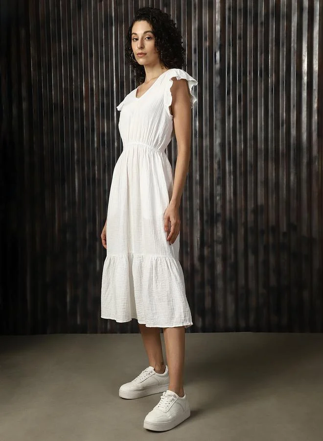 HIGH STAR White Ruffle Midi Dress