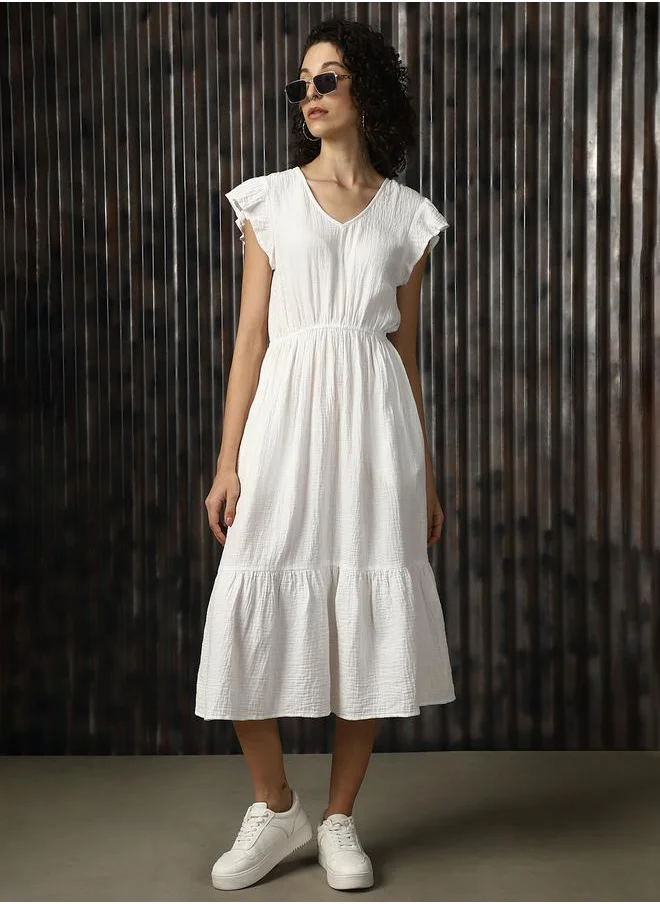 HIGH STAR Women V-Neck Pure Cotton A-Line Midi Fit & Flare Textured Cotton Dress