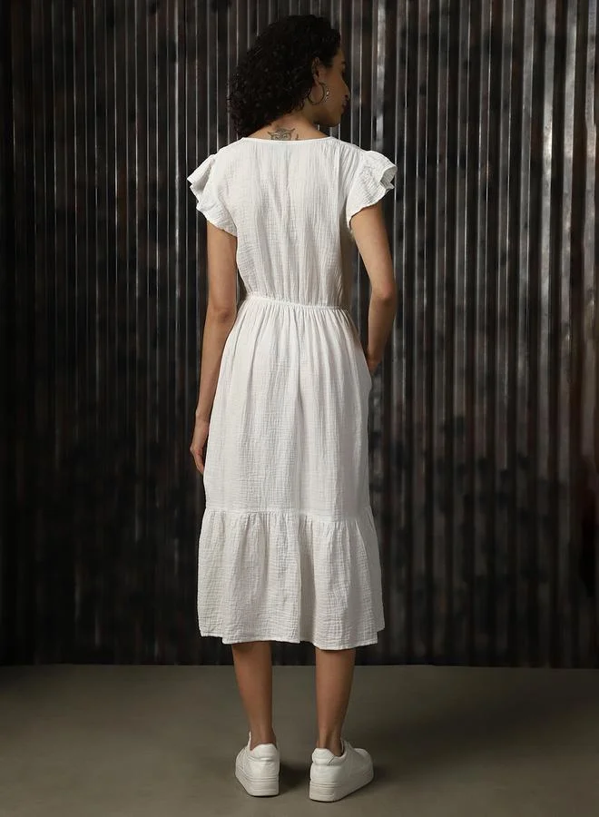HIGH STAR White Ruffle Midi Dress