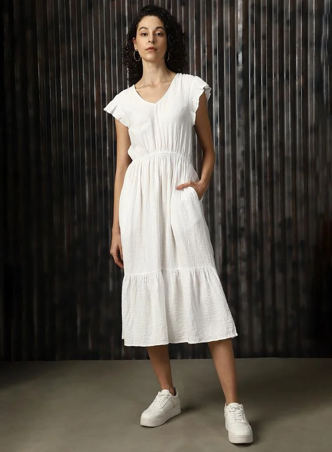 HIGH STAR White Ruffle Midi Dress