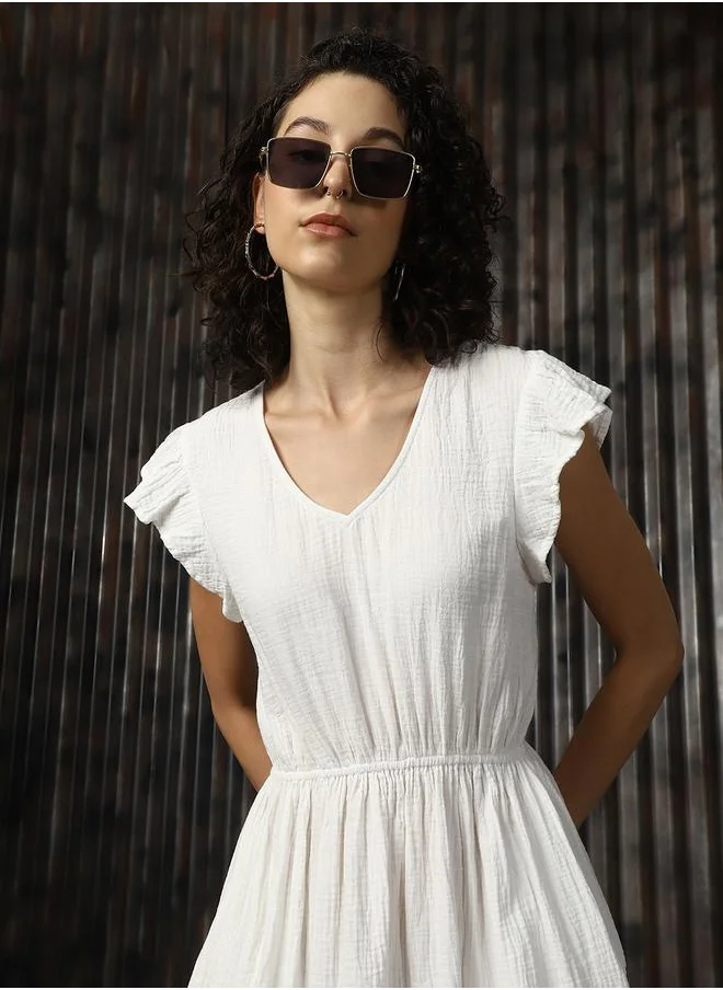 HIGH STAR Women V-Neck Pure Cotton A-Line Midi Fit & Flare Textured Cotton Dress