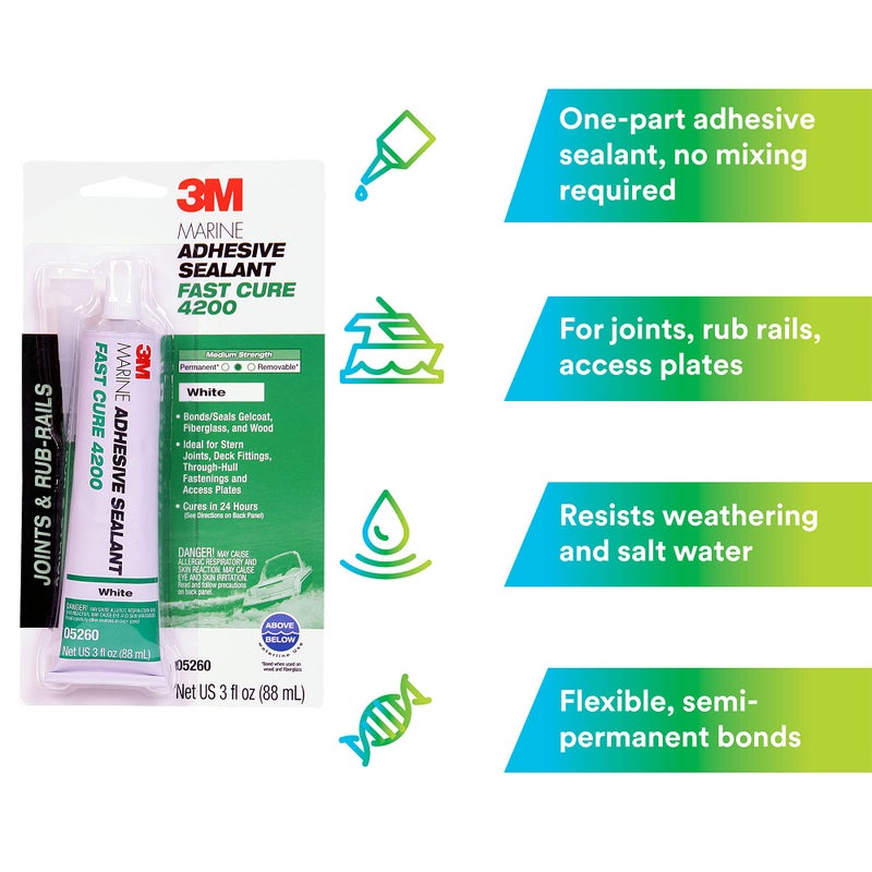3M TALC Marine Adhesive Sealant Fast Cure 4200 (05260) â€“ Semi-Permanent Flexible Adhesive Sealant for Boats and Marine Applications â€“ White â€“ 3 Ounces - Image 2