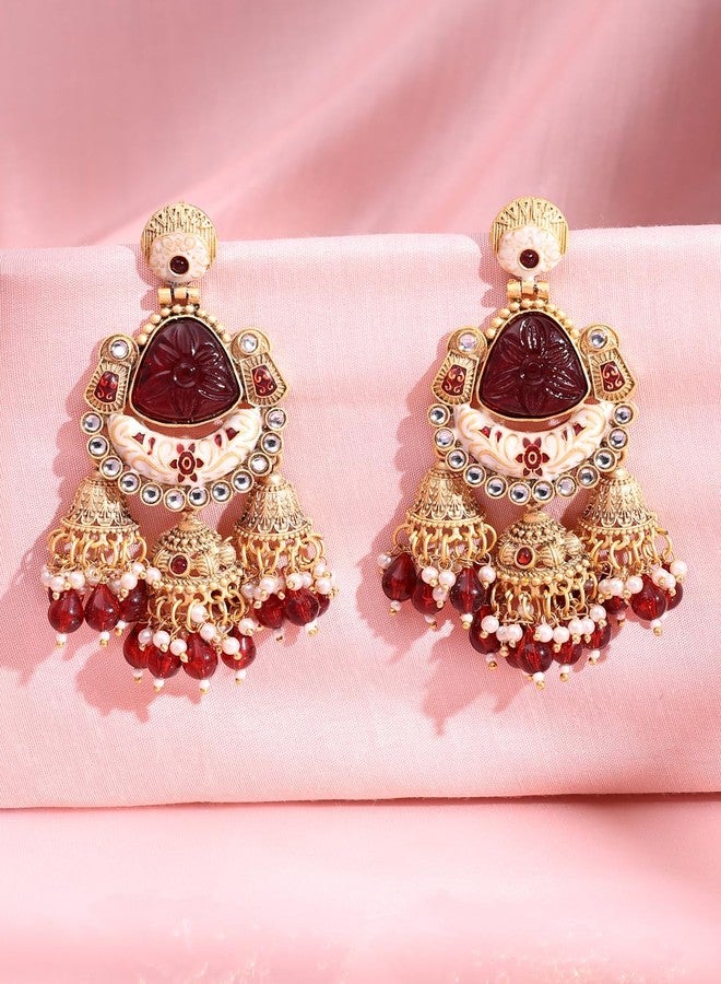ADIVA 22K Gold-Plated Kundan & Multi-coloured Stone Studded Studded Pearl Handcrafted Classic Drop Earrings Set for women, Traditional Stylish Jhumka for Girls Party, Wedding, Festive - Image 2