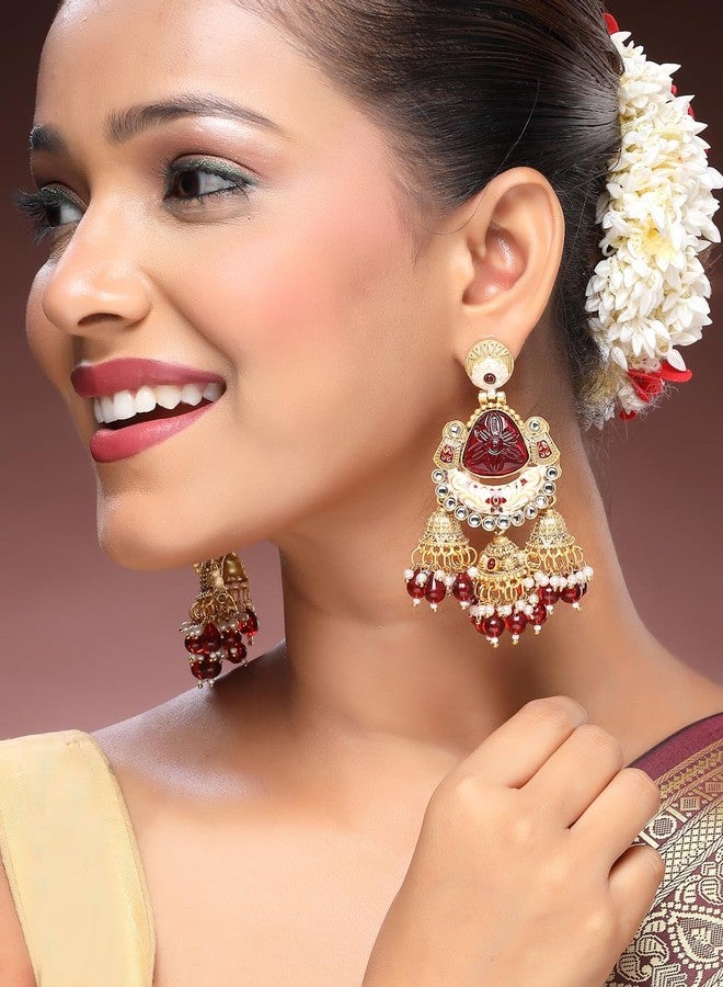 ADIVA 22K Gold-Plated Kundan & Multi-coloured Stone Studded Studded Pearl Handcrafted Classic Drop Earrings Set for women, Traditional Stylish Jhumka for Girls Party, Wedding, Festive - Image 3
