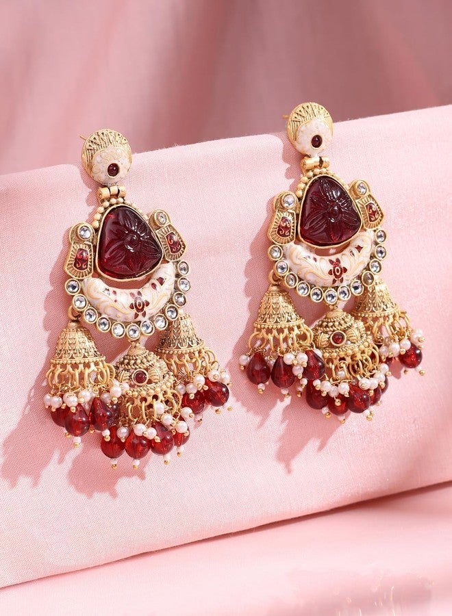 ADIVA 22K Gold-Plated Kundan & Multi-coloured Stone Studded Studded Pearl Handcrafted Classic Drop Earrings Set for women, Traditional Stylish Jhumka for Girls Party, Wedding, Festive - Image 4