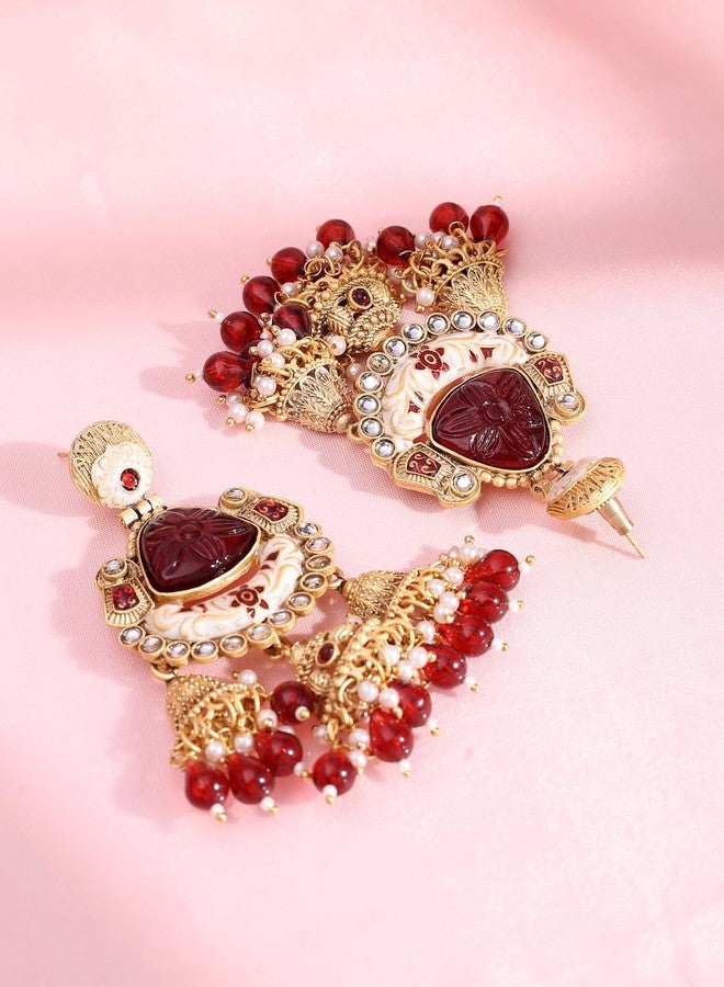 ADIVA 22K Gold-Plated Kundan & Multi-coloured Stone Studded Studded Pearl Handcrafted Classic Drop Earrings Set for women, Traditional Stylish Jhumka for Girls Party, Wedding, Festive - Image 5
