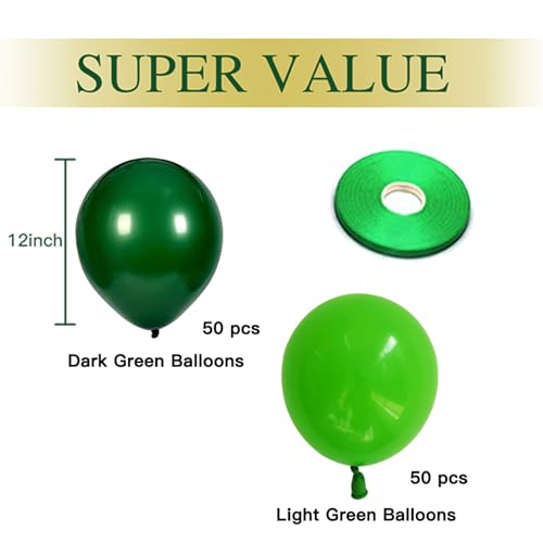 Zesliwy Green Latex Party Balloons, 100pcs 12 inch Dark Green Balloons And Light Green Balloons with Green Ribbon for Jungle Safari Theme Birthday Party St. Patrick's Day Party - Image 2