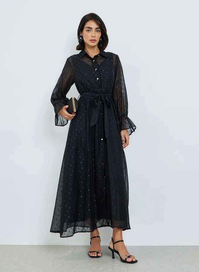Black Self-Design Shirt Maxi Dress with Tie-Belt