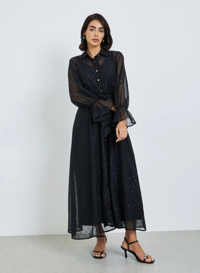 Styli  Black Self-Design Shirt Maxi Dress with Tie-Belt for Women | Best Price UAE