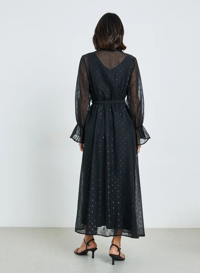 Styli  Black Self-Design Shirt Maxi Dress with Tie-Belt for Women | Best Price UAE