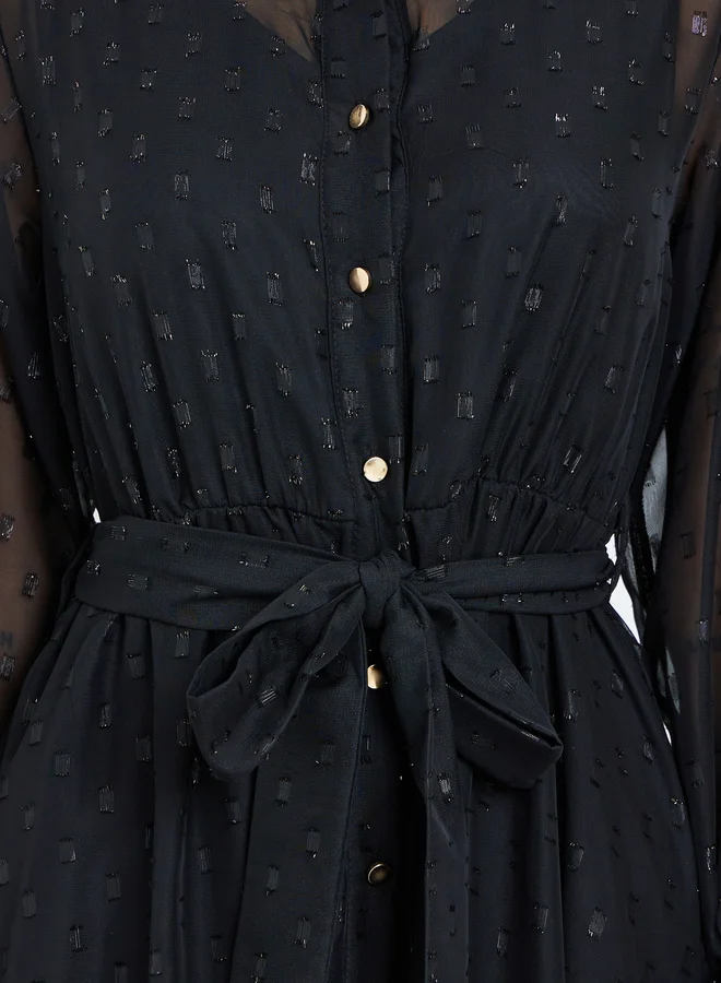 Styli  Black Self-Design Shirt Maxi Dress with Tie-Belt for Women | Best Price UAE