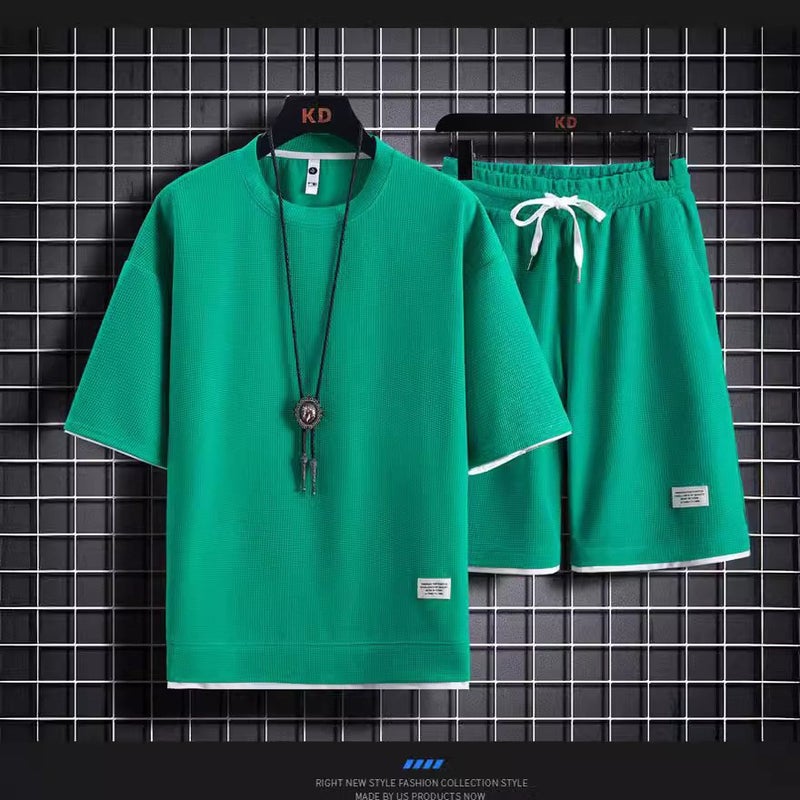 Waffle ShorT-sleeved T-shirT Men's Casual SporTs SuiT Summer Loose ShirT Ice Silk SweaTshirT T-shirT Two-piece  SeT