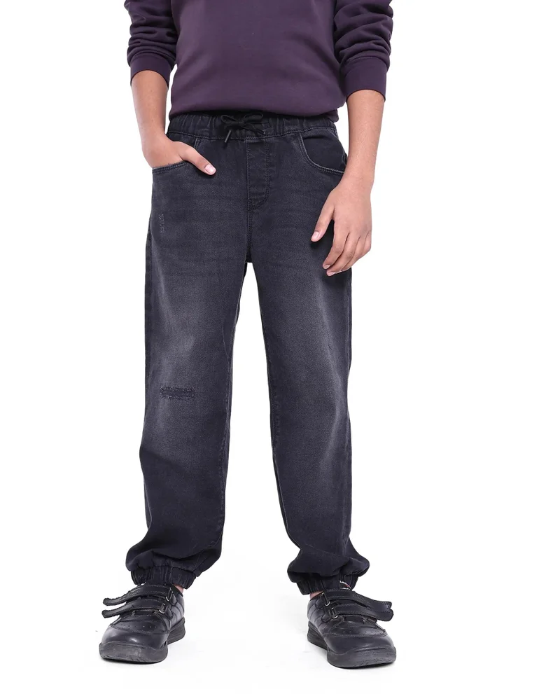 رير ونز Rare Ones Kids Yugi Black Cotton Solid Slim Fit Denim Pant
