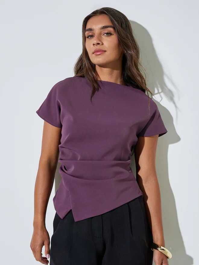 Styli Purple Asymmetric Hem Solid Blouse