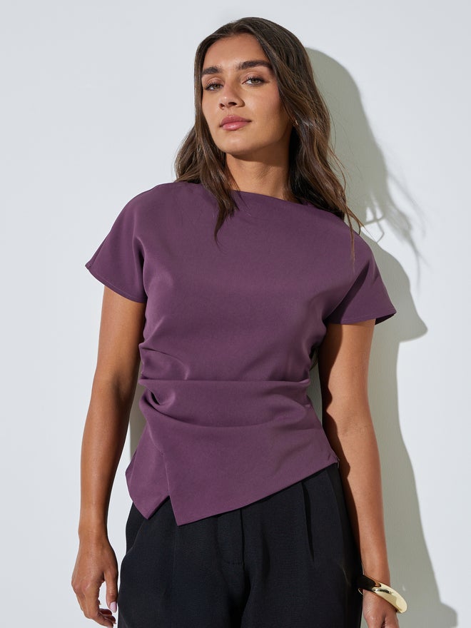 Styli Purple Asymmetric Hem Solid Blouse - Image 1