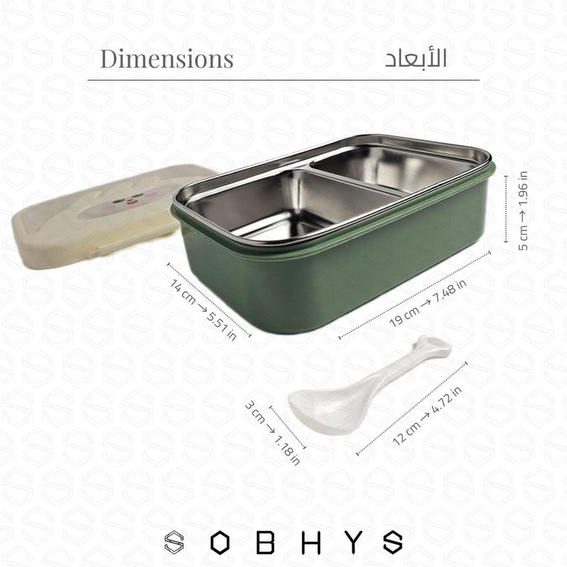 SOBHYS Stainless Steel Lunch Box with Removable Inner Tray, Silicone Seal, Sauce Cup & Spoon, Reusable for School, Work & Travel – SOBHYS | (Green) - Image 2