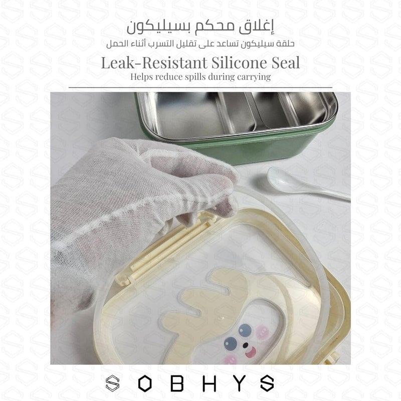 SOBHYS Stainless Steel Lunch Box with Removable Inner Tray, Silicone Seal, Sauce Cup & Spoon, Reusable for School, Work & Travel – SOBHYS | (Green) - Image 4