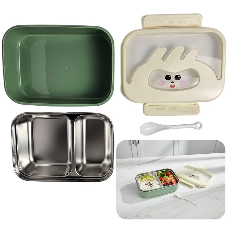 SOBHYS Stainless Steel Lunch Box with Removable Inner Tray, Silicone Seal, Sauce Cup & Spoon, Reusable for School, Work & Travel – SOBHYS | (Green) - Image 1