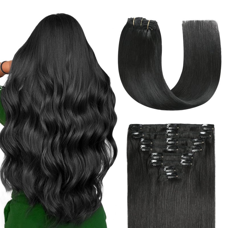 Sunya Real Human Hair Clip in Extensions Jet Black Double Weft Straight 12 Inch 1 8 Pcs100g