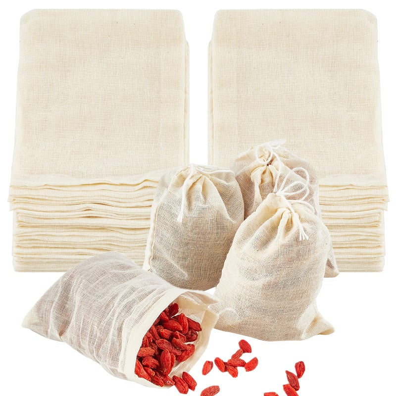 TUZAZO 50 Pack Reusable Tea Bags Natural Unbleached Cotton Cheesecloth Bags for Straining Drawstring Muslin Bags Sachet Bags Coffee Tea Brew Bags 3 x 4 inch