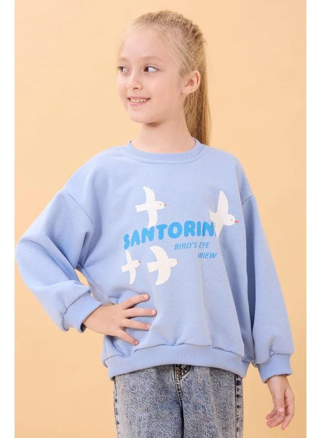 Perendi Girl's Oversized Santorini-Printed Seasonal Sweatshirt - Blue