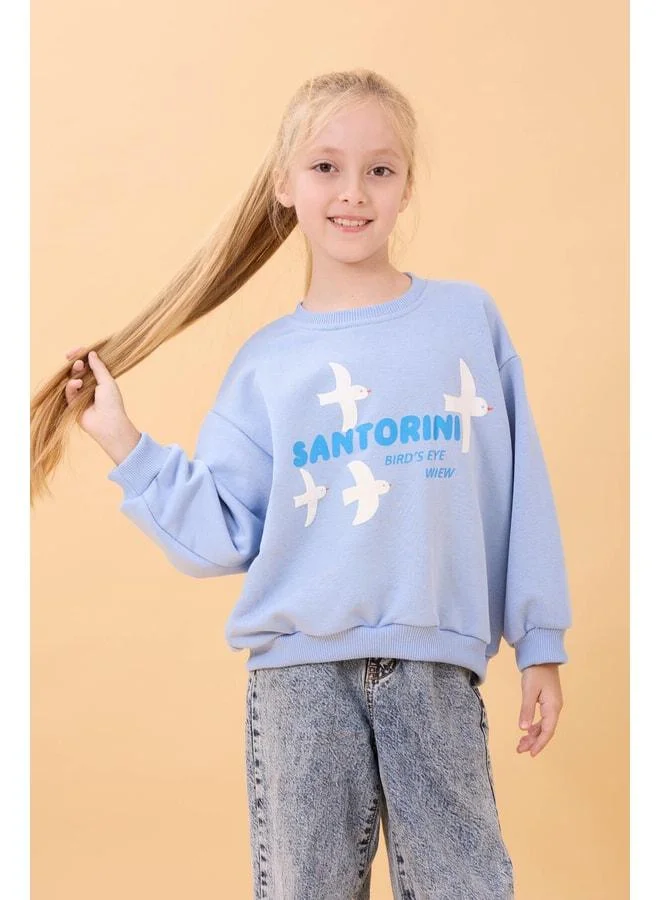 Perendi Girl's Oversized Santorini-Printed Seasonal Sweatshirt - Blue