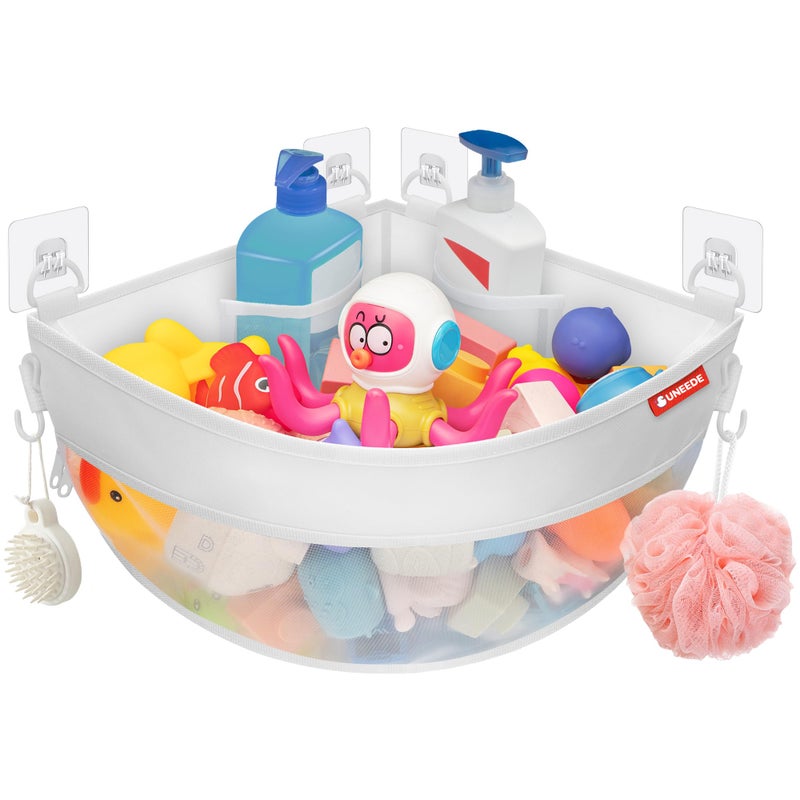 UNEEDE Corner Mounted Bath Toy Storage Holder,1.35 Gallons Bathtub Toy Storage Organizer,Mesh Shower Caddy for Bathtub Toy Organizer and Storage,Quick Dry Bath Toy Organizer,Bath Toy Holder - Image 1