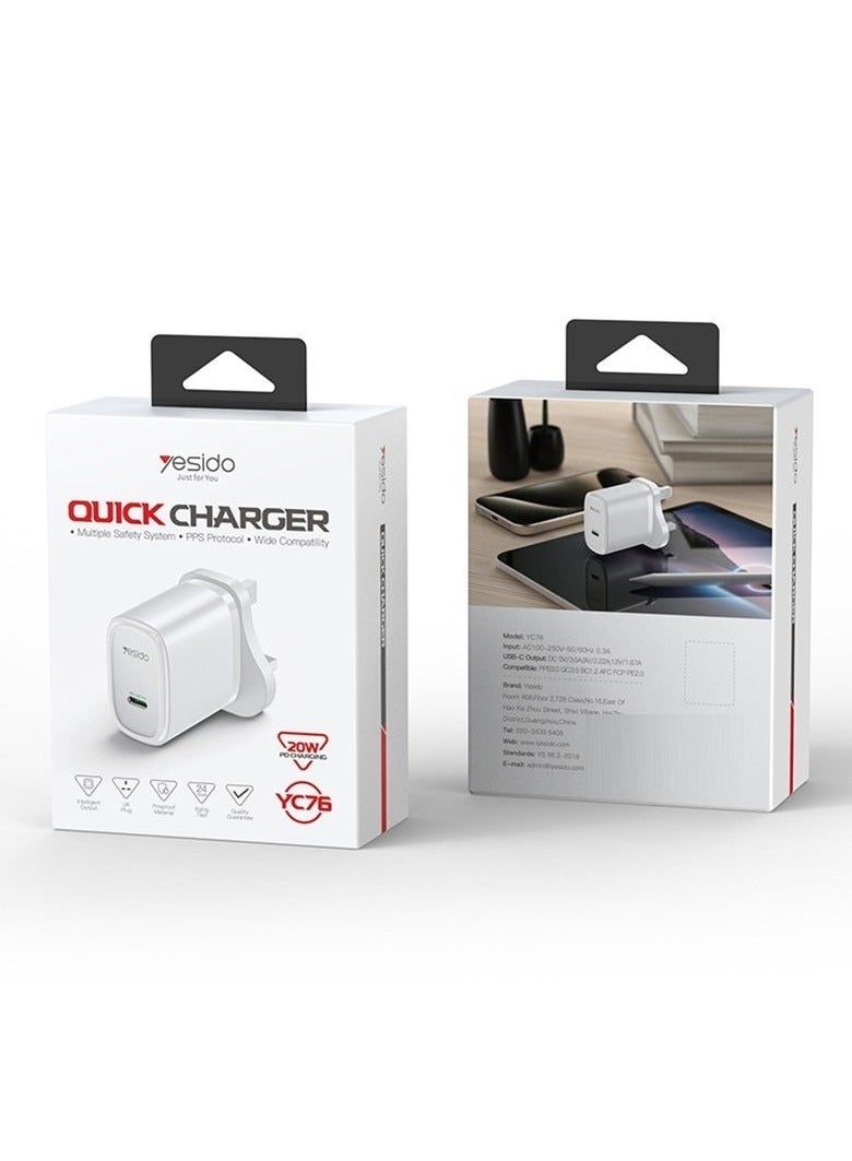 Yesido YC76 PD 20W USB Type-C Fast Charger – Single Port Quick Charging Adapter for iPhone, Samsung, Android Phones, Tablets, and More – Compact and Efficient Power Delivery in Sleek Black Design - Image 4