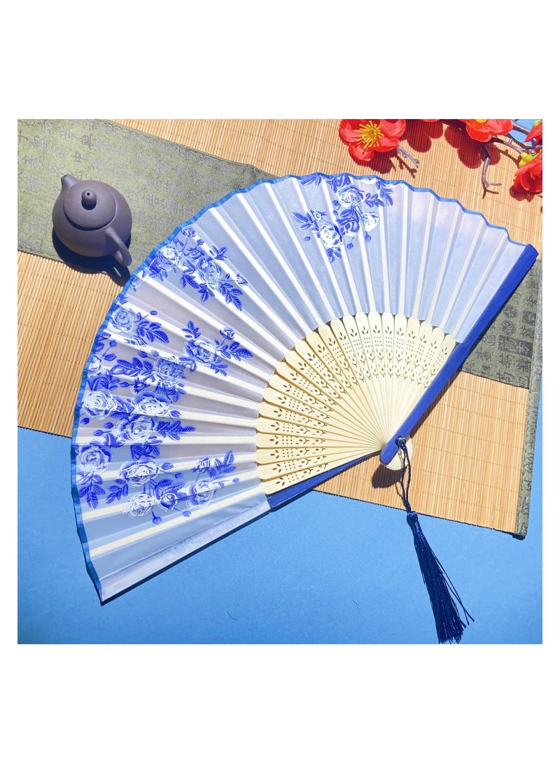 10PCS Handheld Silk Folding Fans, Blue and White Porcelain Floral Design, Perfect for Birthdays, Dancing, Cosplay, Weddings, Parties, and Events - Elegant Chinese Paper Fans for All Occasions. - Image 4